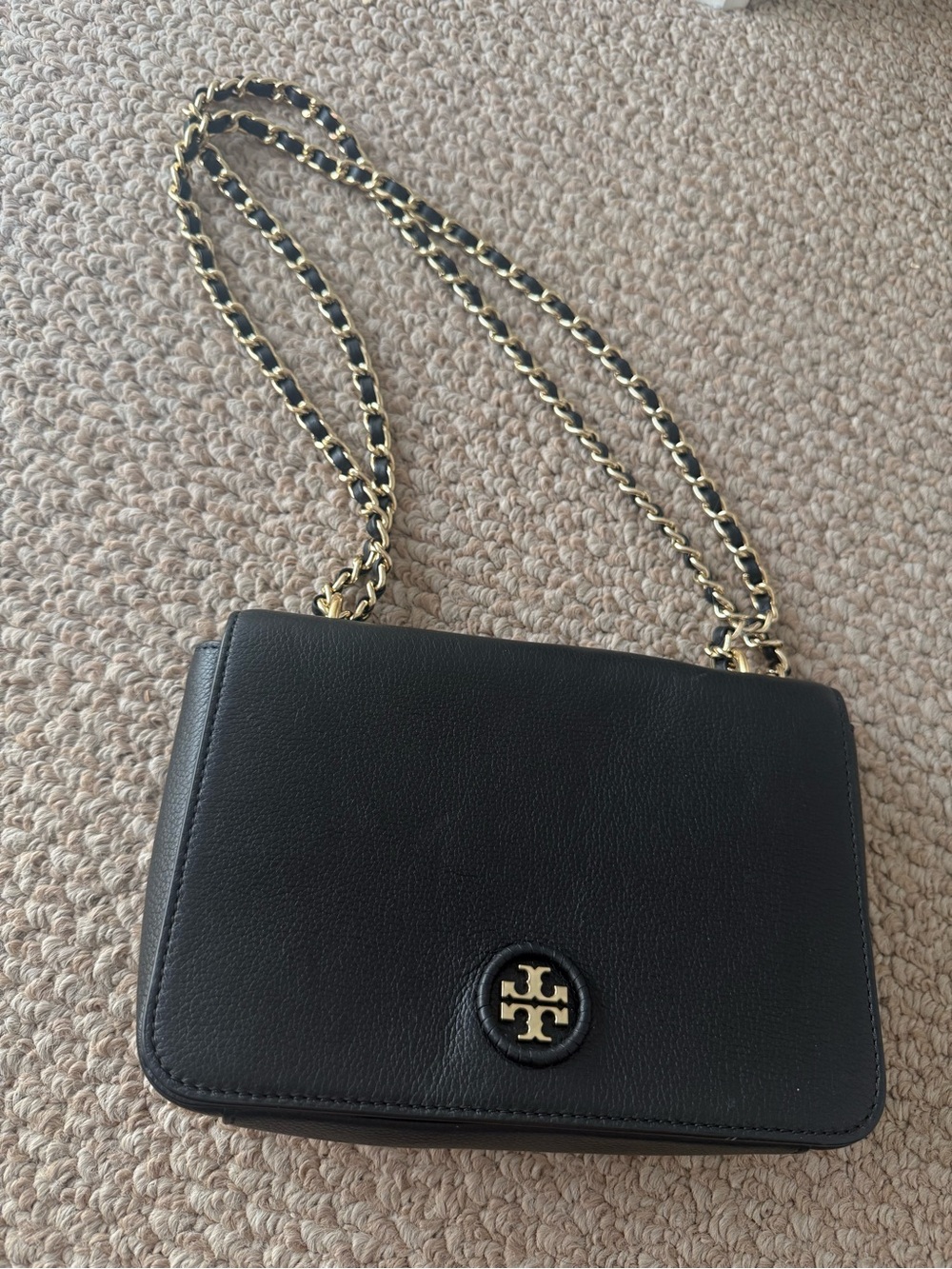 Tory Burch Black Leather Crossbody with Gold Chain Strap